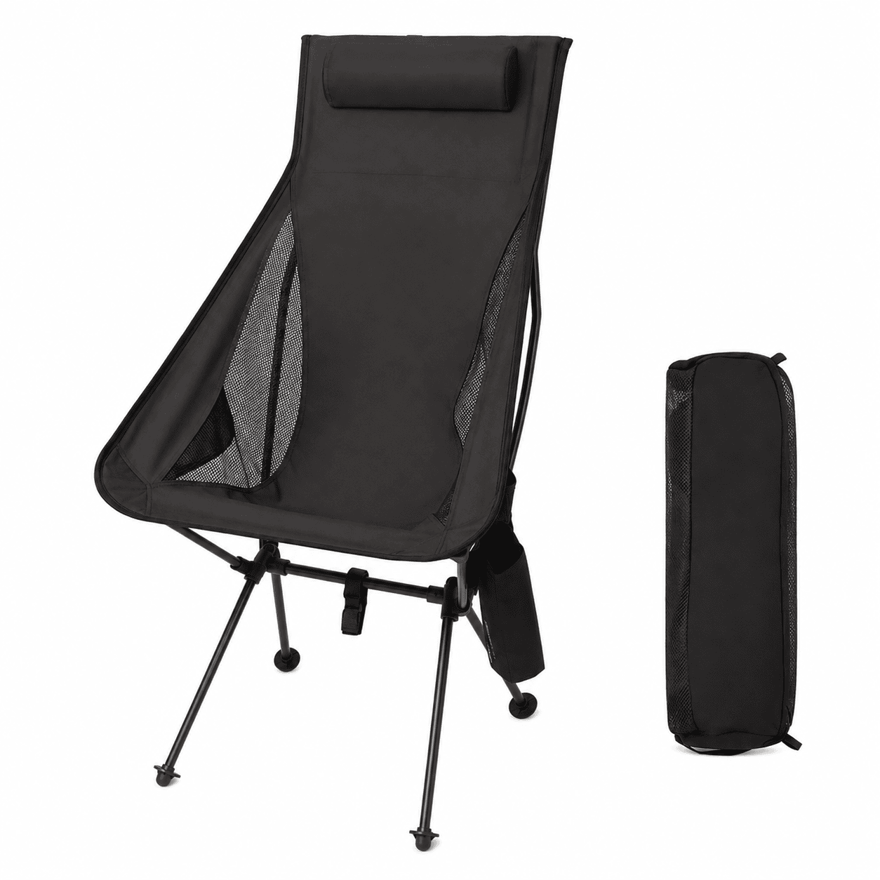 High-back camping chair with headrest and carry bag