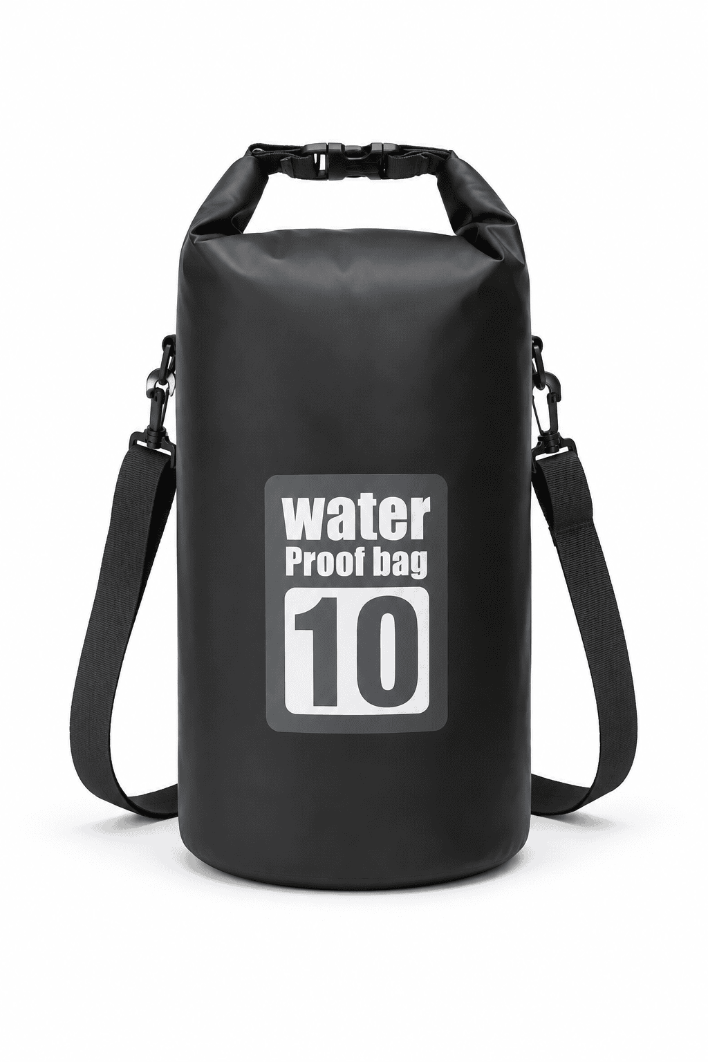 Black waterproof roll-top dry bag with shoulder strap