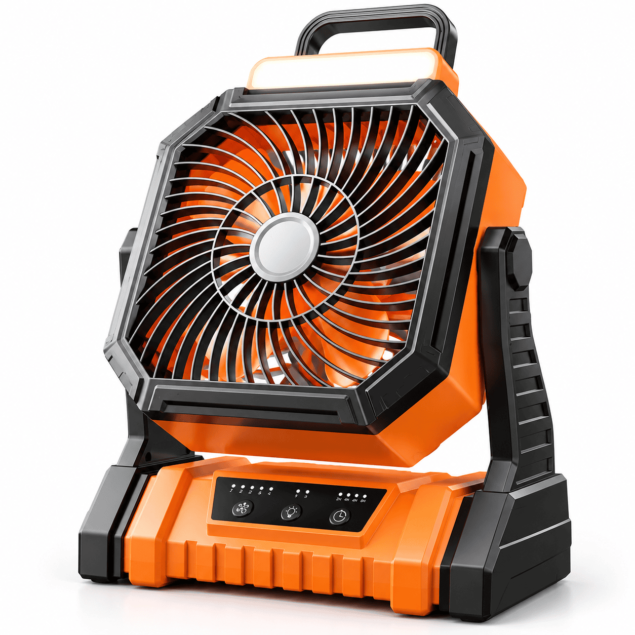 Rechargeable camping fan with light in vibrant orange