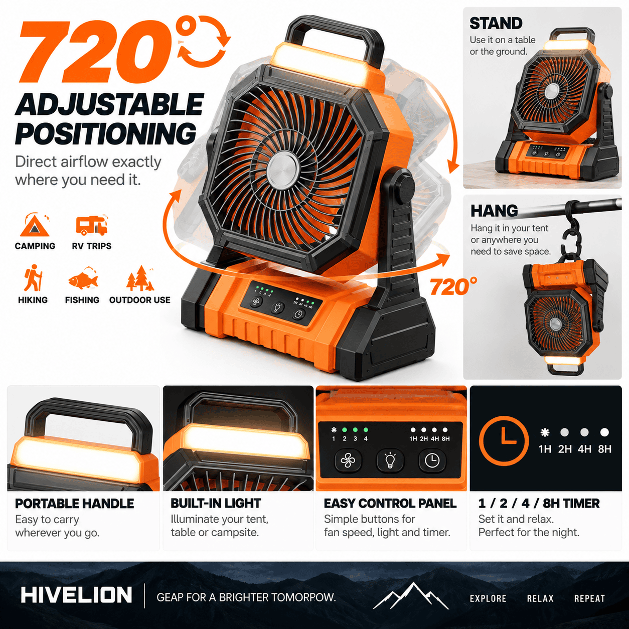 Rechargeable Camping Fan with Light - Image 2
